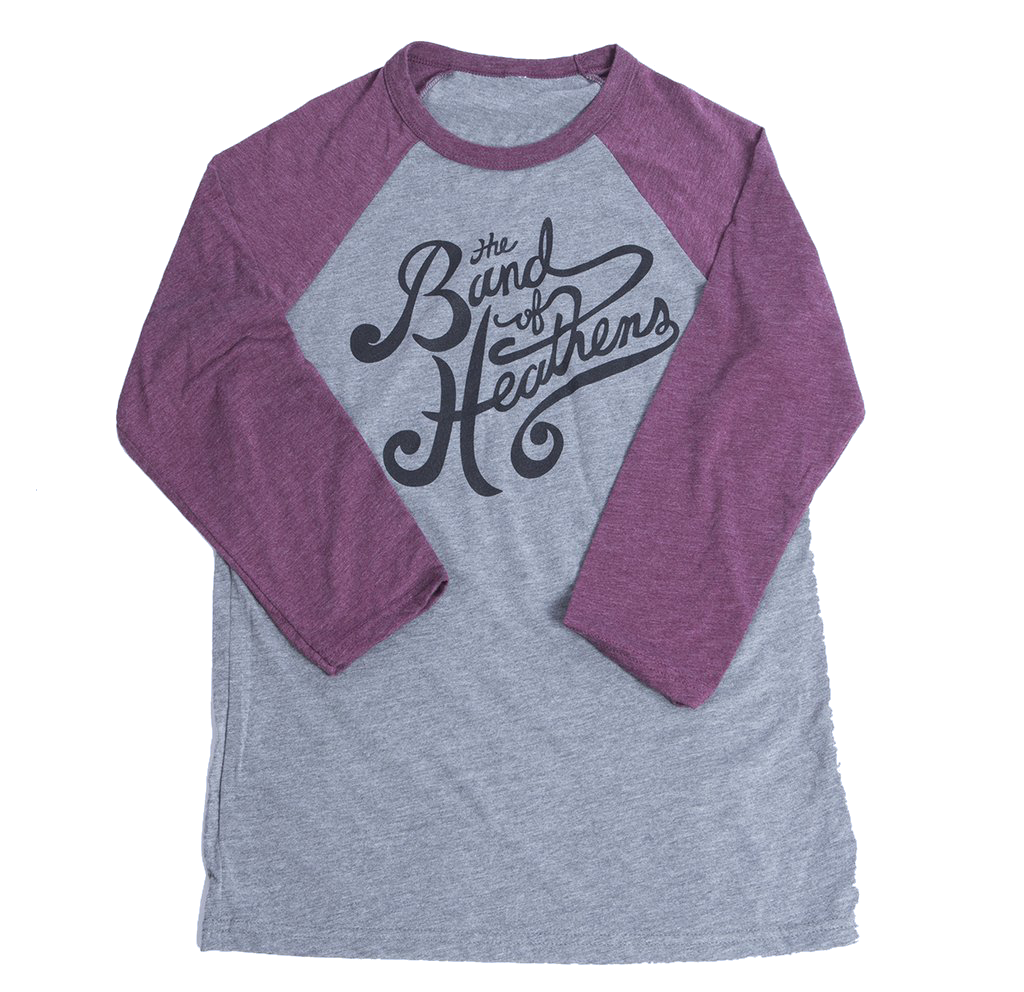 BOH cursive logo grey and purple raglan tee The Band of Heathens 