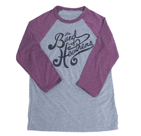 BOH cursive logo grey and purple raglan tee The Band of Heathens 